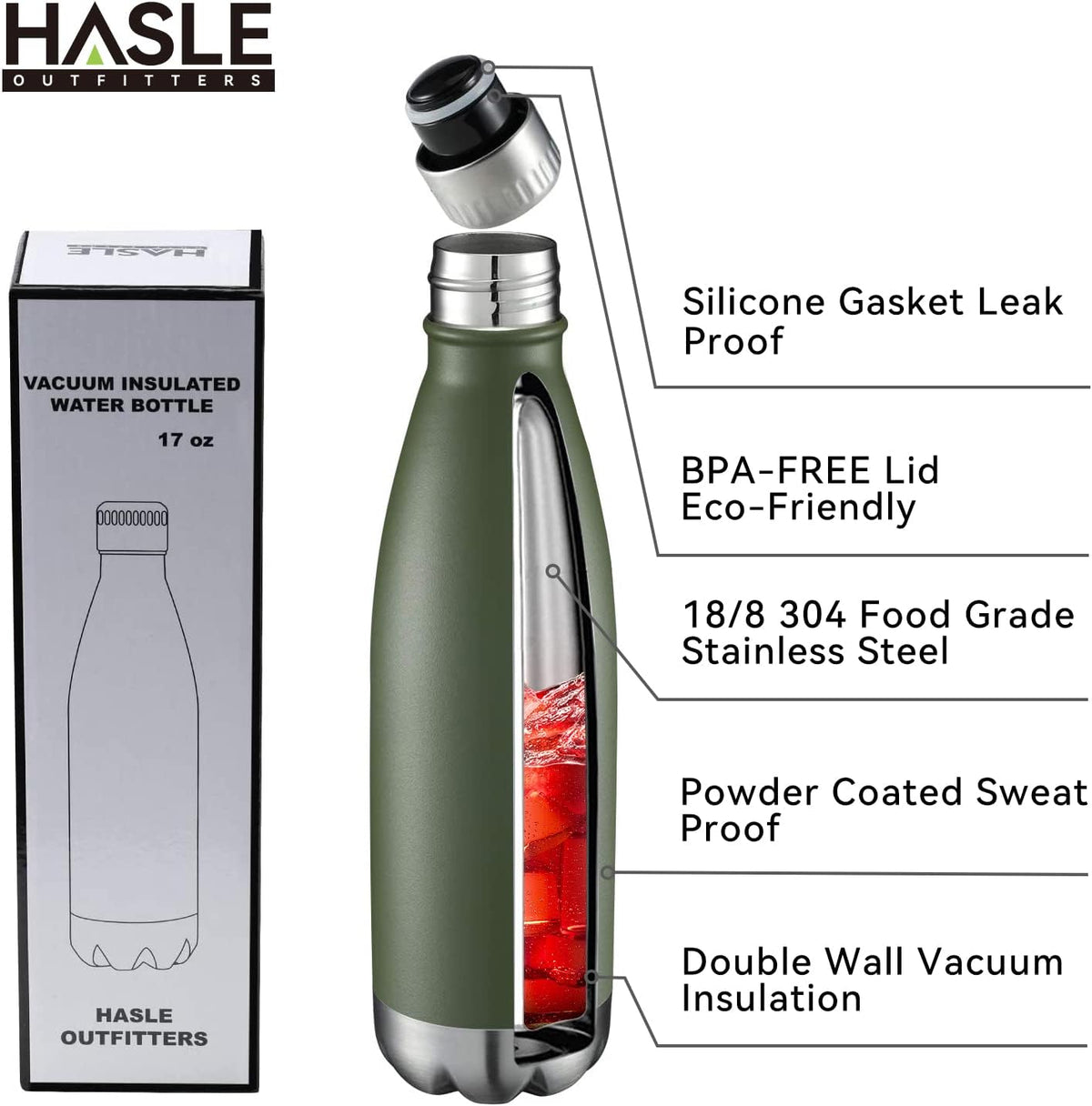 HASLE OUTFITTERS 17oz Stainless Steel Water Bottles Bulk, Vacuum Insulated Double Walled Powder