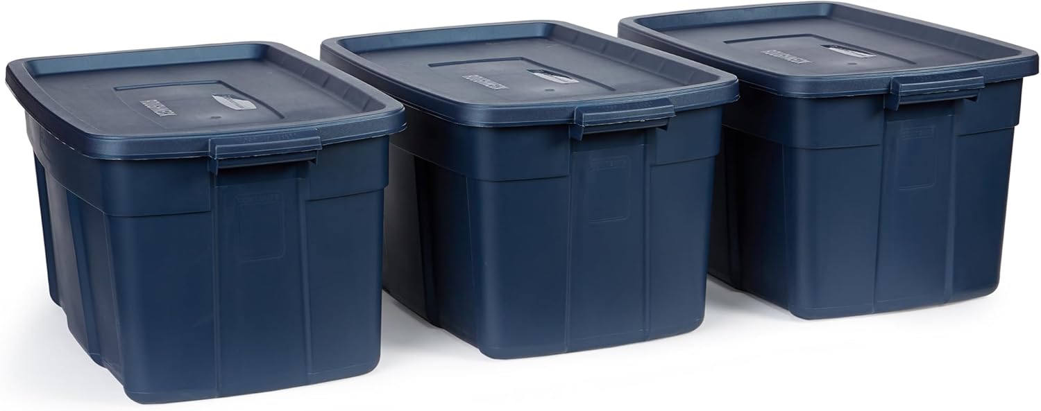 Rubbermaid Roughneck Tote 31 Gal, 3 Pack, Made in USA, Dark Indigo Metallic, Rugged Plastic