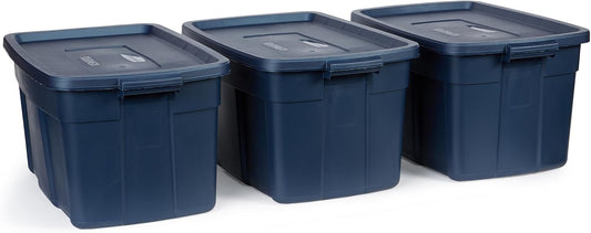 Rubbermaid Roughneck Tote 31 Gal, 3 Pack, Made in USA, Dark Indigo Metallic, Rugged Plastic