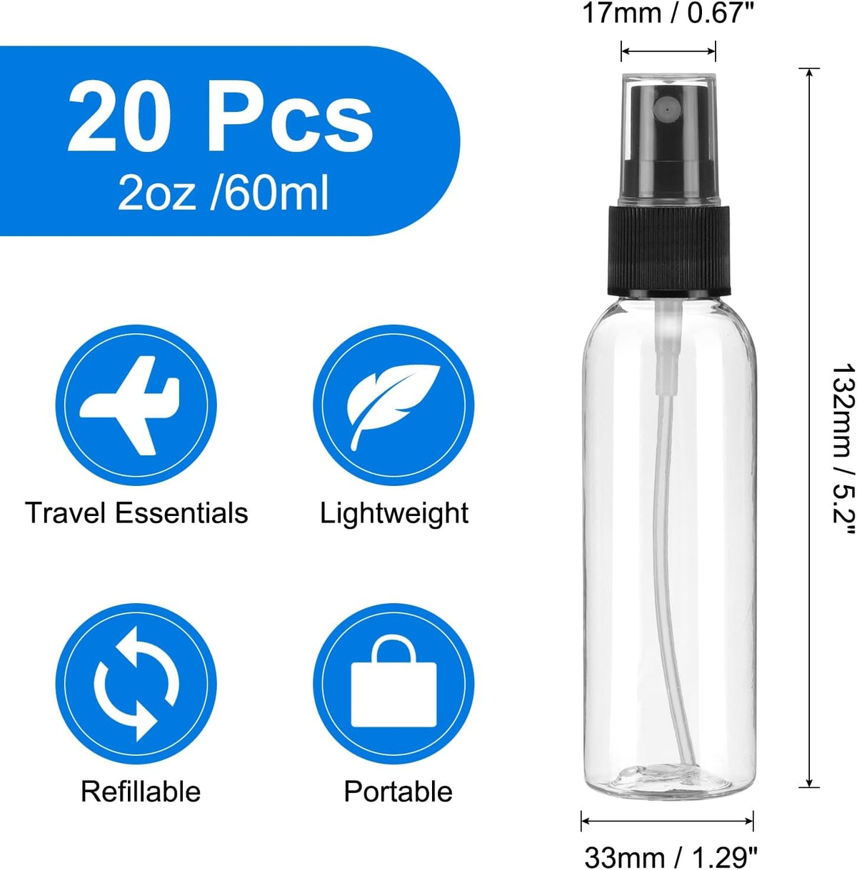 uxcell 20 Pack Spray Bottles, 2 Oz/60ML Clear Empty Mist Plastic Mini Travel Bottle Set,Small