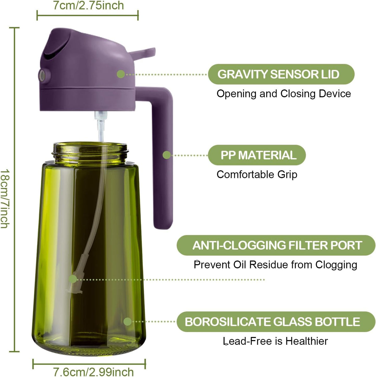 YARRAMATE 16oz/470ml Dark Green Oil Sprayer for Cooking with Stickers, Food-grade Premium 2 in 1