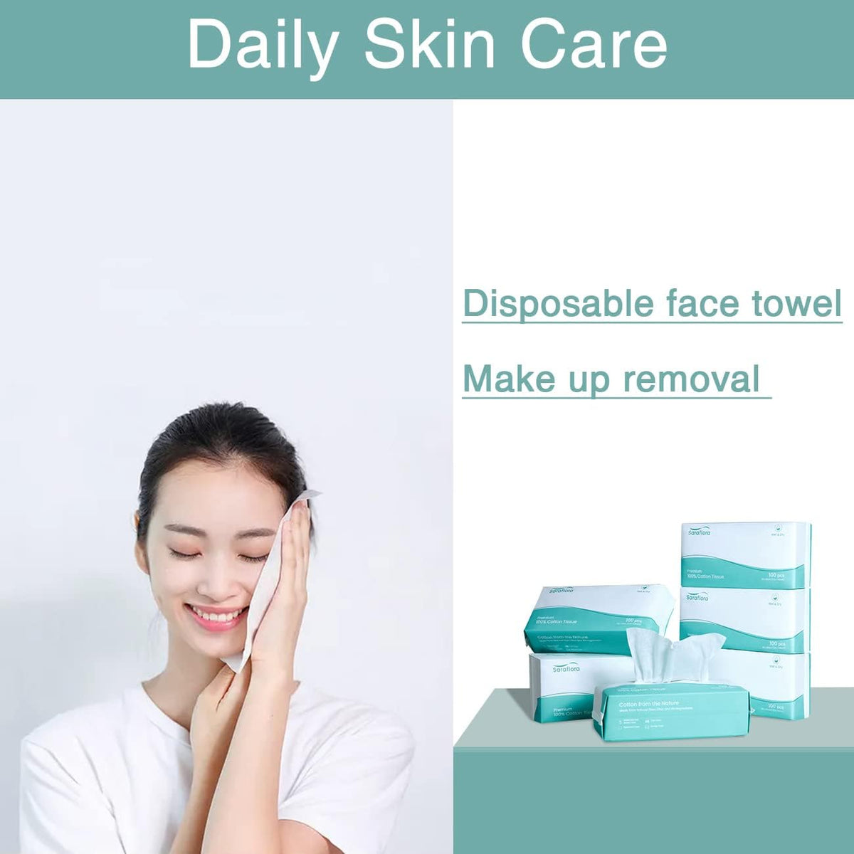 Saraflora 100% Cotton Facial Tissue Soft Dry Wipe 6 Pack, Use for Sensitive Skin Disposable Face