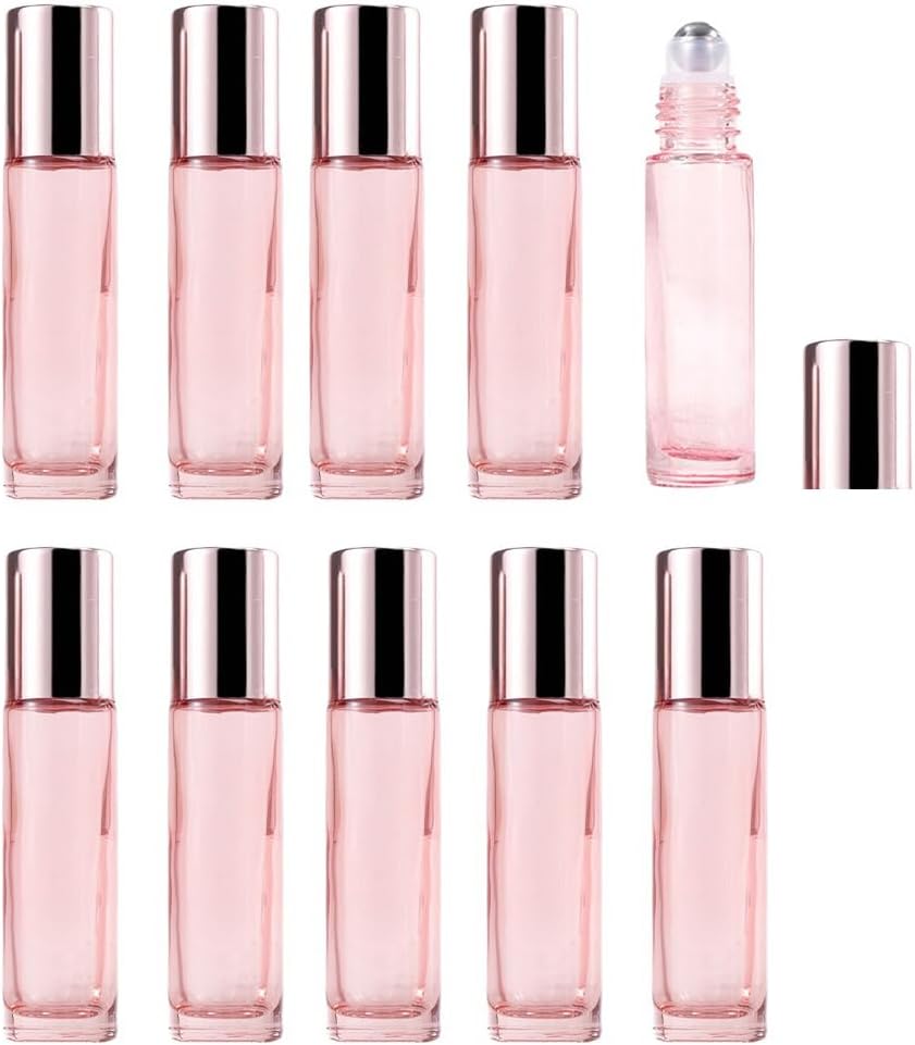 10 Pack Glass Essential Oil Roller Bottle,10ml Pink GlassRoller Bottles with Stainless Steel Roller