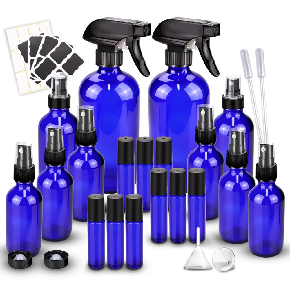 Glass Spray Bottle Kit×10 (2×16 oz, 2×4 oz, 6×2 oz), 9×10 ml Roller Bottles, Anti UV, Multi Size