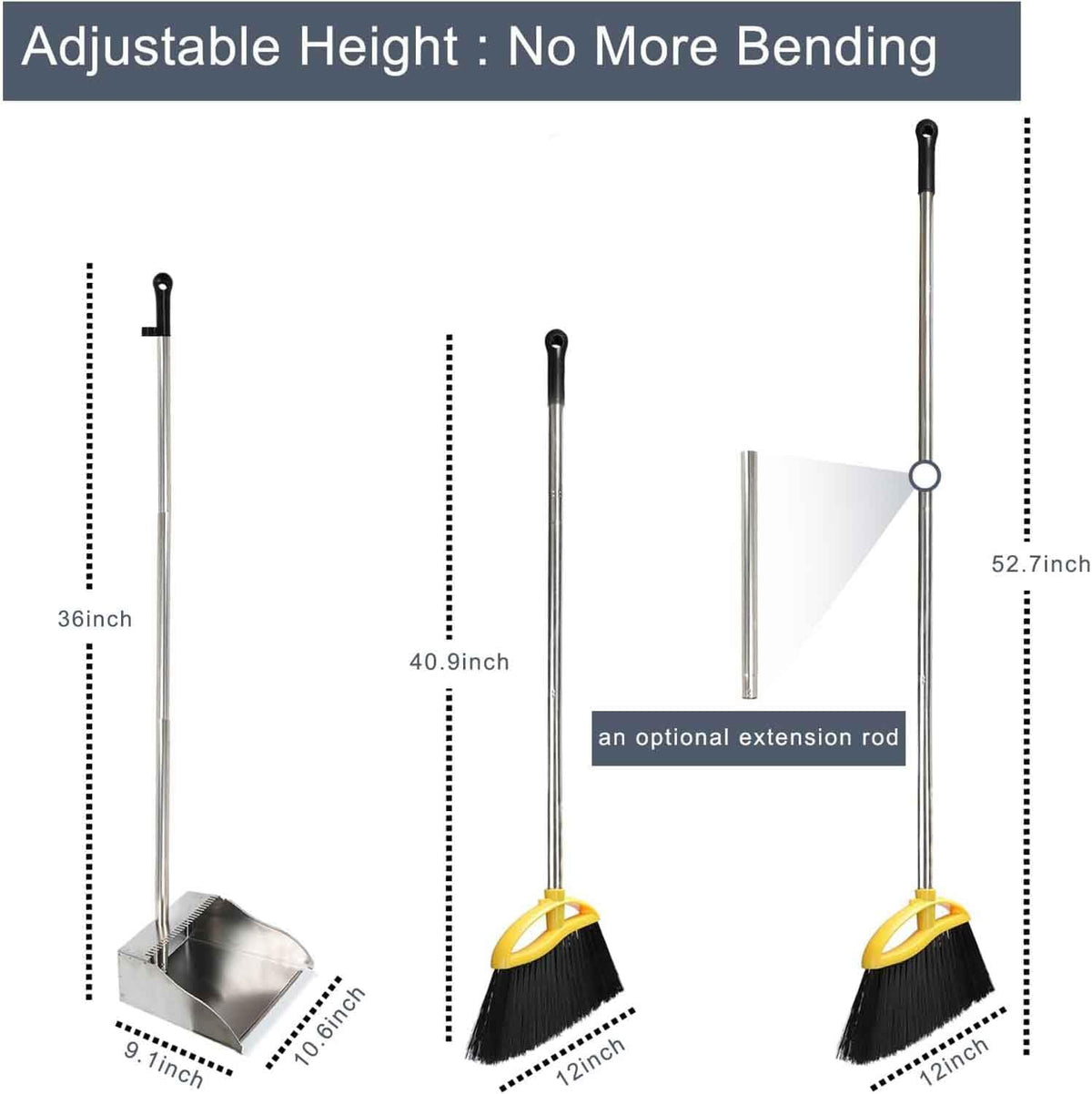 Broom and Stainless Steel Dustpan Set for Home,Metal Dust Pan and Soft Bristles Indoor Kitchen