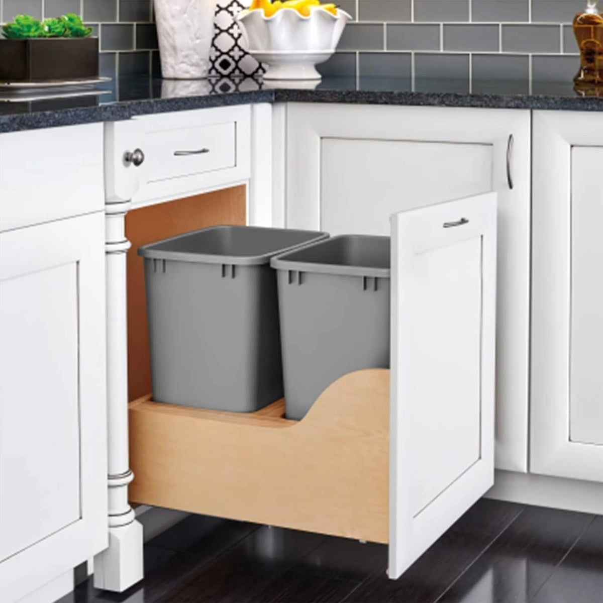 Rev-A-Shelf Pullout Trash Cans for Kitchen Cabinet, Dual 35 Qt Bins with 18" Wood Frame - Large