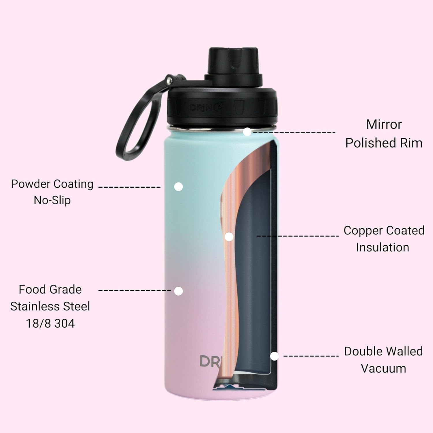 DRINCO Stainless Steel Water Bottle Spout Lid Vacuum Insulated Double Wall Water Bottle Wide Mouth