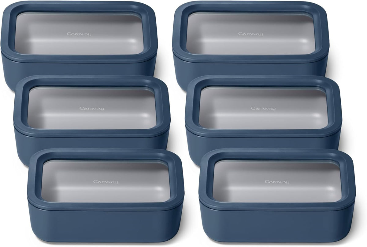 Caraway 6pc Glass Food Storage Set – 6.6 Cup Food Containers (6) - Ceramic Coated - Non Toxic, Non