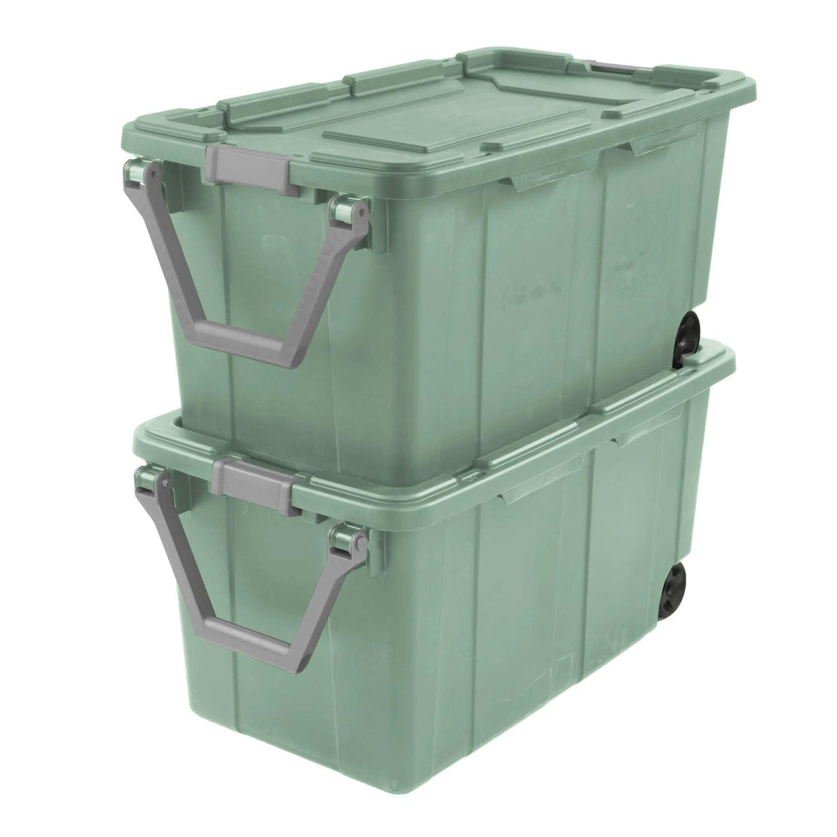 Ratiyae 40 Gallon Wheeled Industrial Tote, Rugged Plastic Storage Bin, Latch Lid, Light Green, 2