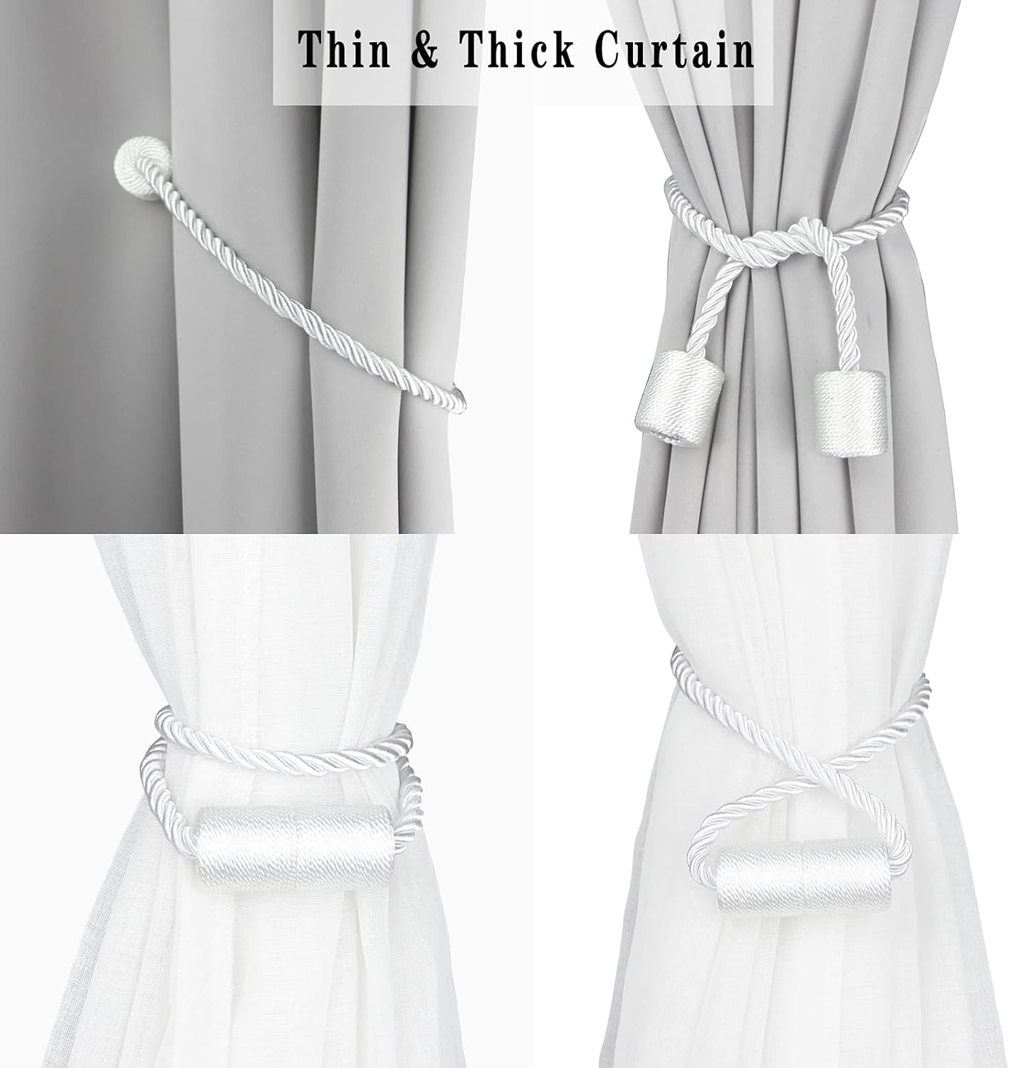 4 Pack White Strong Magnetic Curtain Tiebacks Outdoor Elegant Decorative Tie Backs Modern Rope