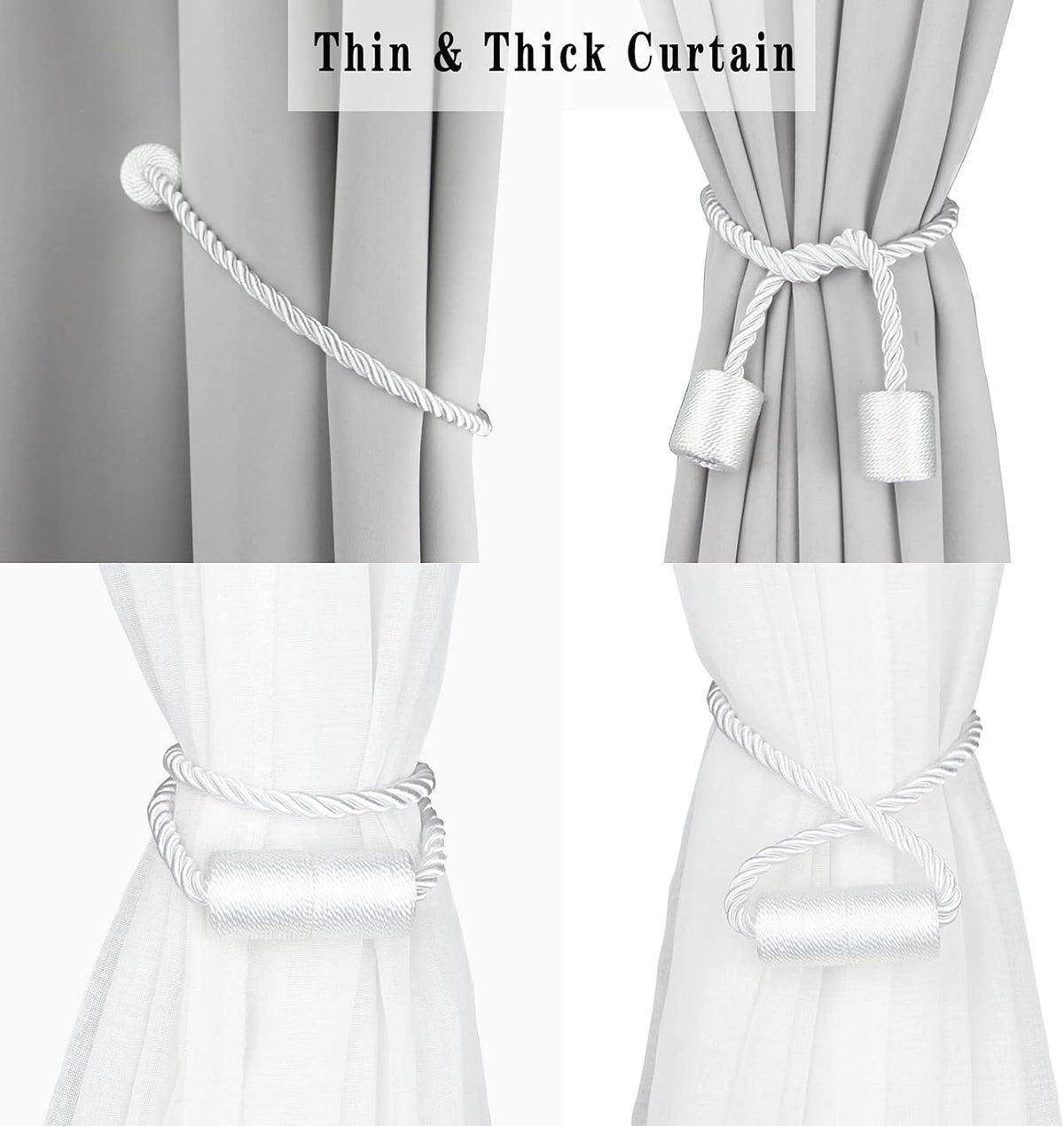 4 Pack White Strong Magnetic Curtain Tiebacks Outdoor Elegant Decorative Tie Backs Modern Rope