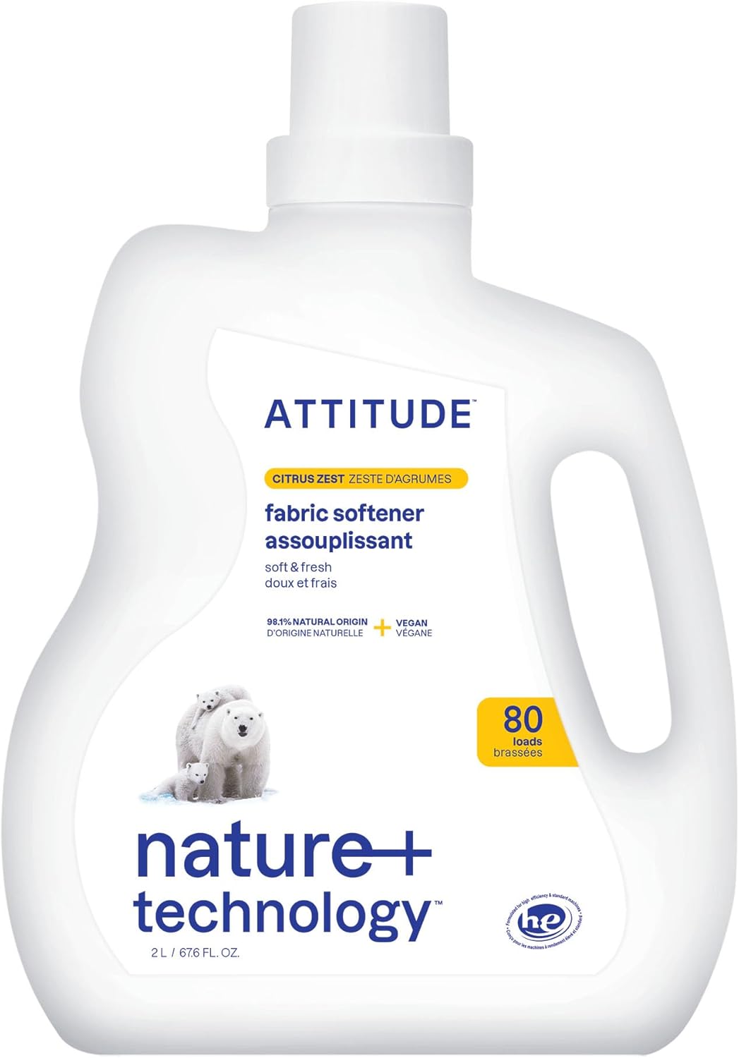 ATTITUDE Liquid Fabric Softener, Plant-Based & Vegan, HE Compatible, Naturally Derived, Citrus Zest