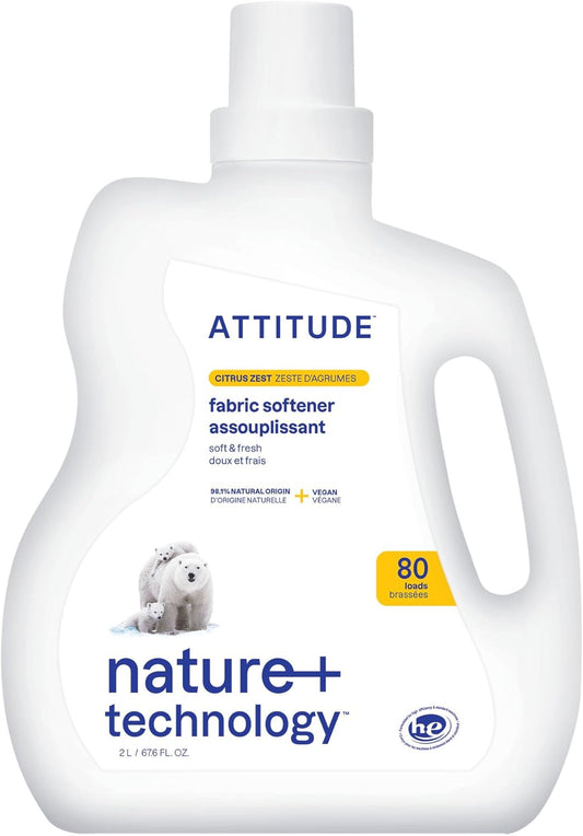 ATTITUDE Liquid Fabric Softener, Plant-Based & Vegan, HE Compatible, Naturally Derived, Citrus Zest
