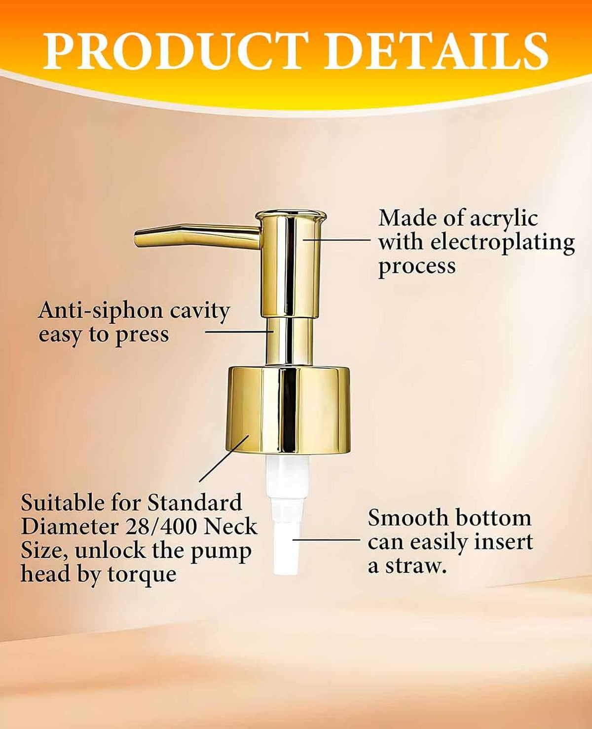 6 Pack Gold Soap Dispenser Pump, Top Replacement for Lotion & Regular Glass Bottles (Standard