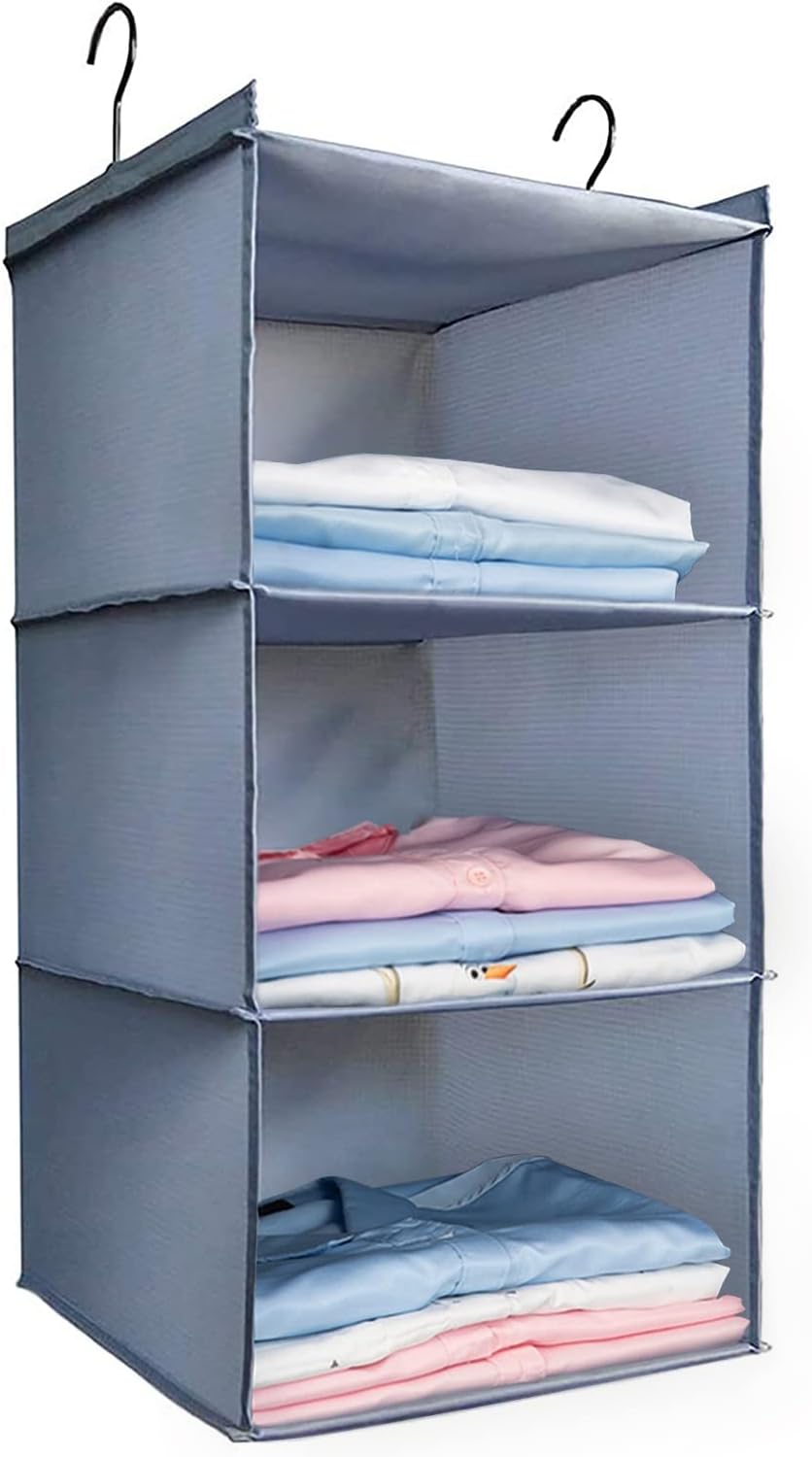 Hanging Closet Organizer and Storage 3-Shelf, Easy Mount Foldable Hanging Closet Wardrobe Storage