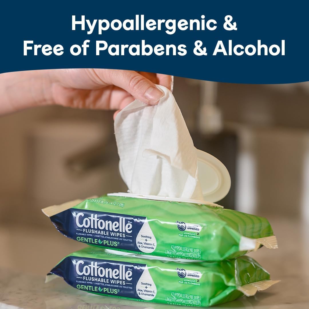 Cottonelle GentlePlus Flushable Wet Wipes with Aloe & Vitamin E, 2 Refill Packs, 168 Wipes Per Pack
