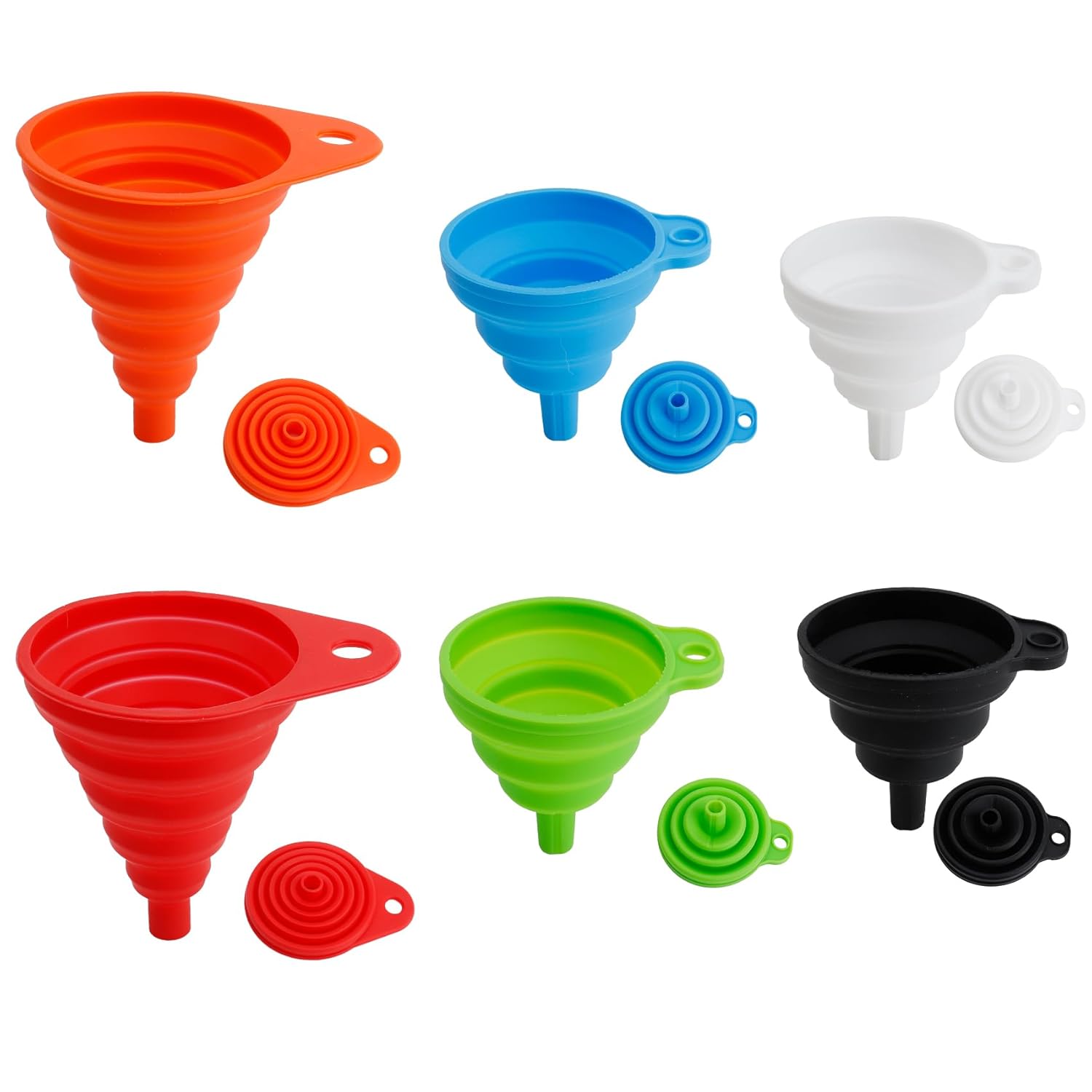 Kitchen Funnel Set of 6, Food Grade Foldable Small and Large Funnel Colorful Silicone Collapsible