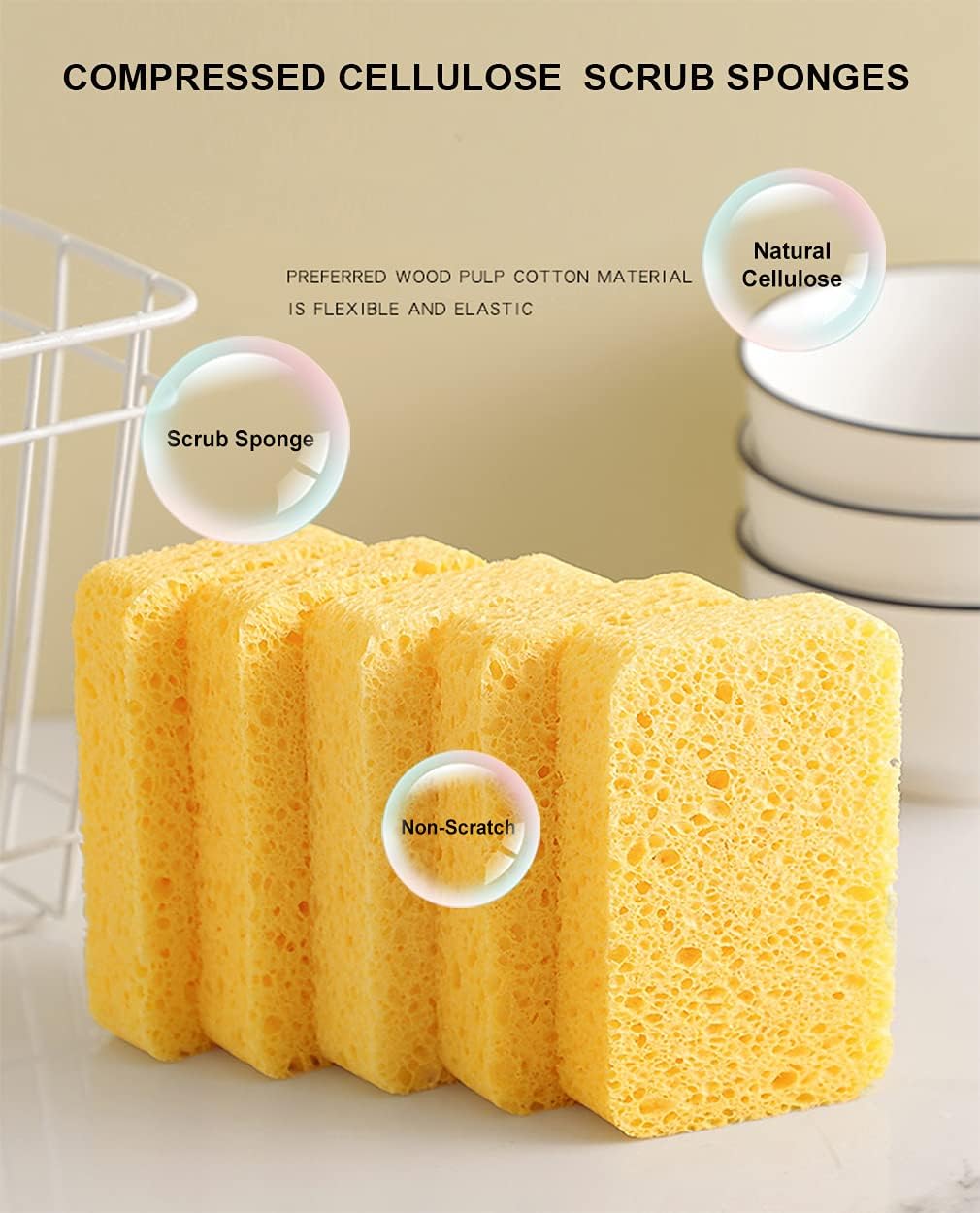 METUUTER 12-Count Cleaning Scrub Sponge- Compressed Cellulose Sponges Non-Scratch Natural Sponge