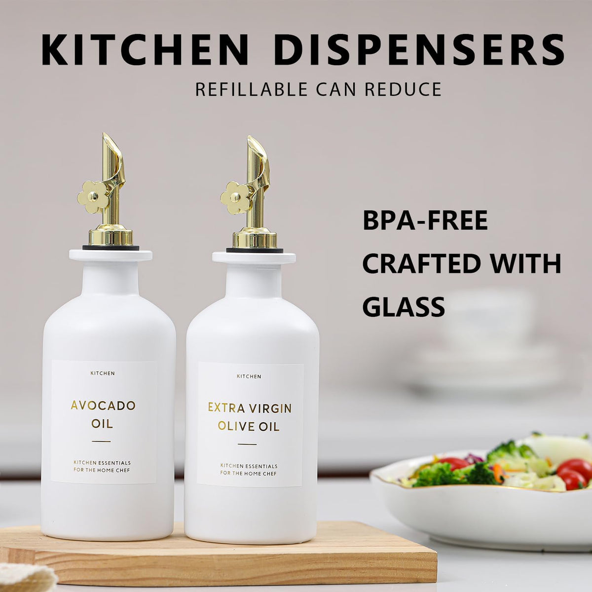 HOMCDALY Olive Oil Dispenser for Kitchen, 11.8oz Glass kitchen Dispenser Bottle, Gold Oil&Vinegar