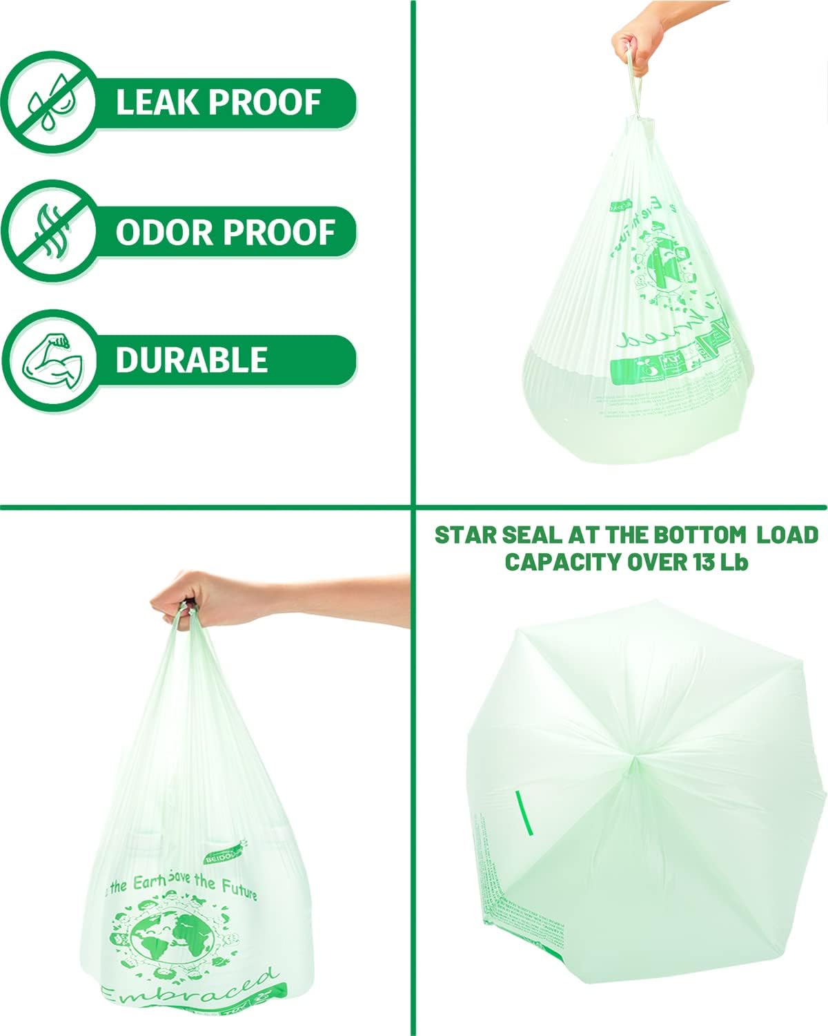 100% Compostable Trash Bags, 3 Gallon Compost Bags Small Kitchen Trash Bags with Handle, 200 Count
