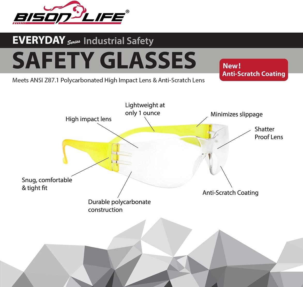 BISON LIFE Safety Glasses - Scratch Resistant Wrap Around Eyewear, Polycarbonate ANSI Z87.1 Impact