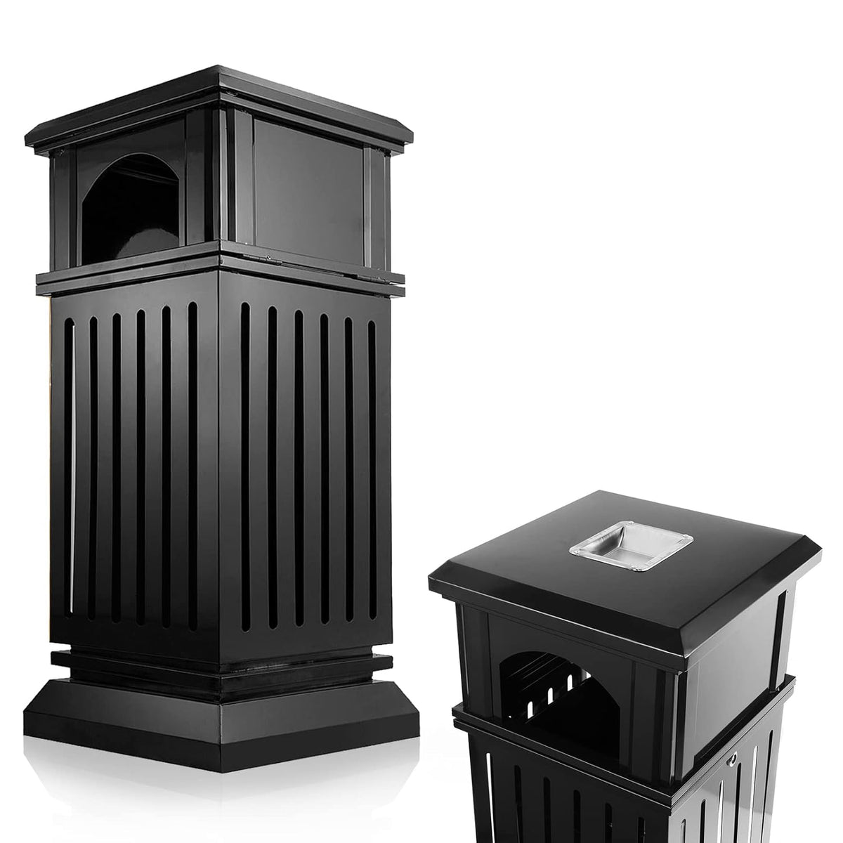 IRONWALLS Commercial Trash Can with Lid, Black Outdoor Garbage Can for Patio, Side Opening Steel