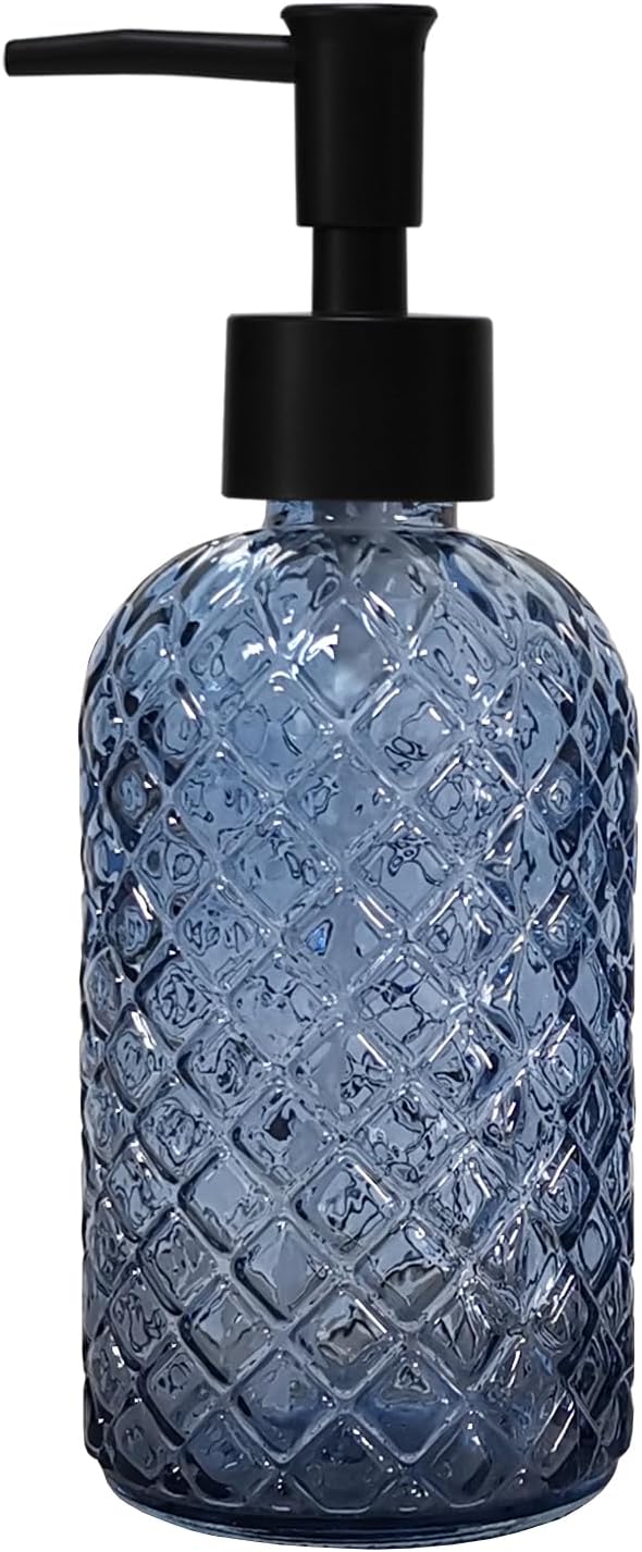 Blue Glass Dish Soap Dispenser for Kitchen, 12oz Refillable Liquid Hand Soap Dispenser Set, Crystal