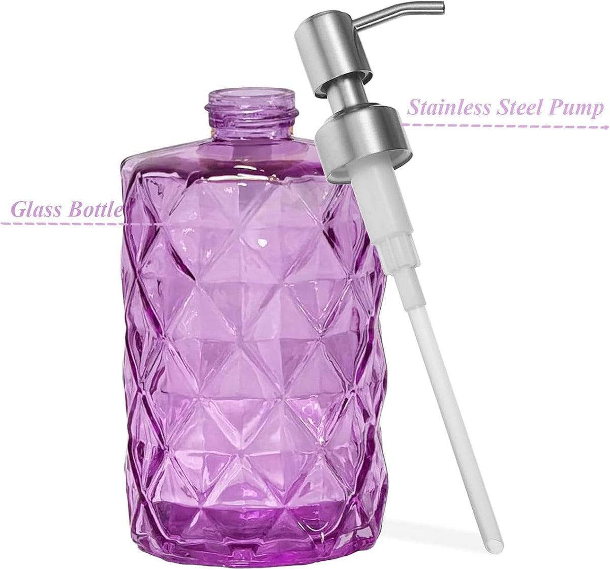 12Oz Purple Glass Soap Dispenser with Stainless Steel Pump, Refillable Kitchen Liquid Hand Soap