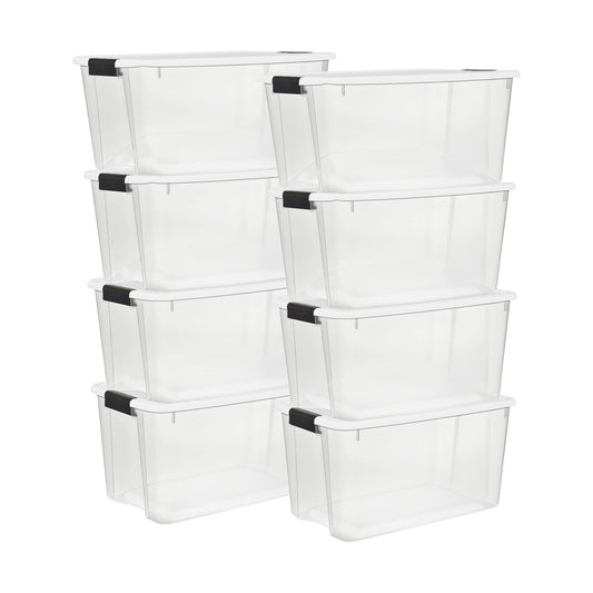 Sterilite 8-Pack 70 Quart Ultra Latch Box, Clear Storage Organizer Bins with Latching Lids