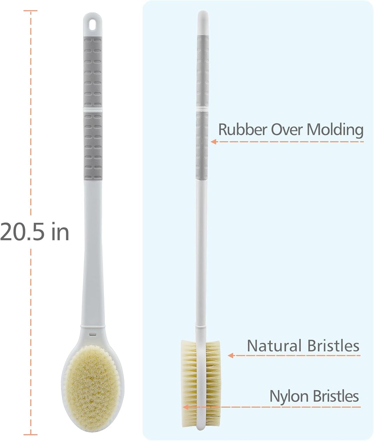 Shower Brush with Soft and Stiff Bristles,20.5" Extra Long Handle Dual-Sided Back Scrubber Bath