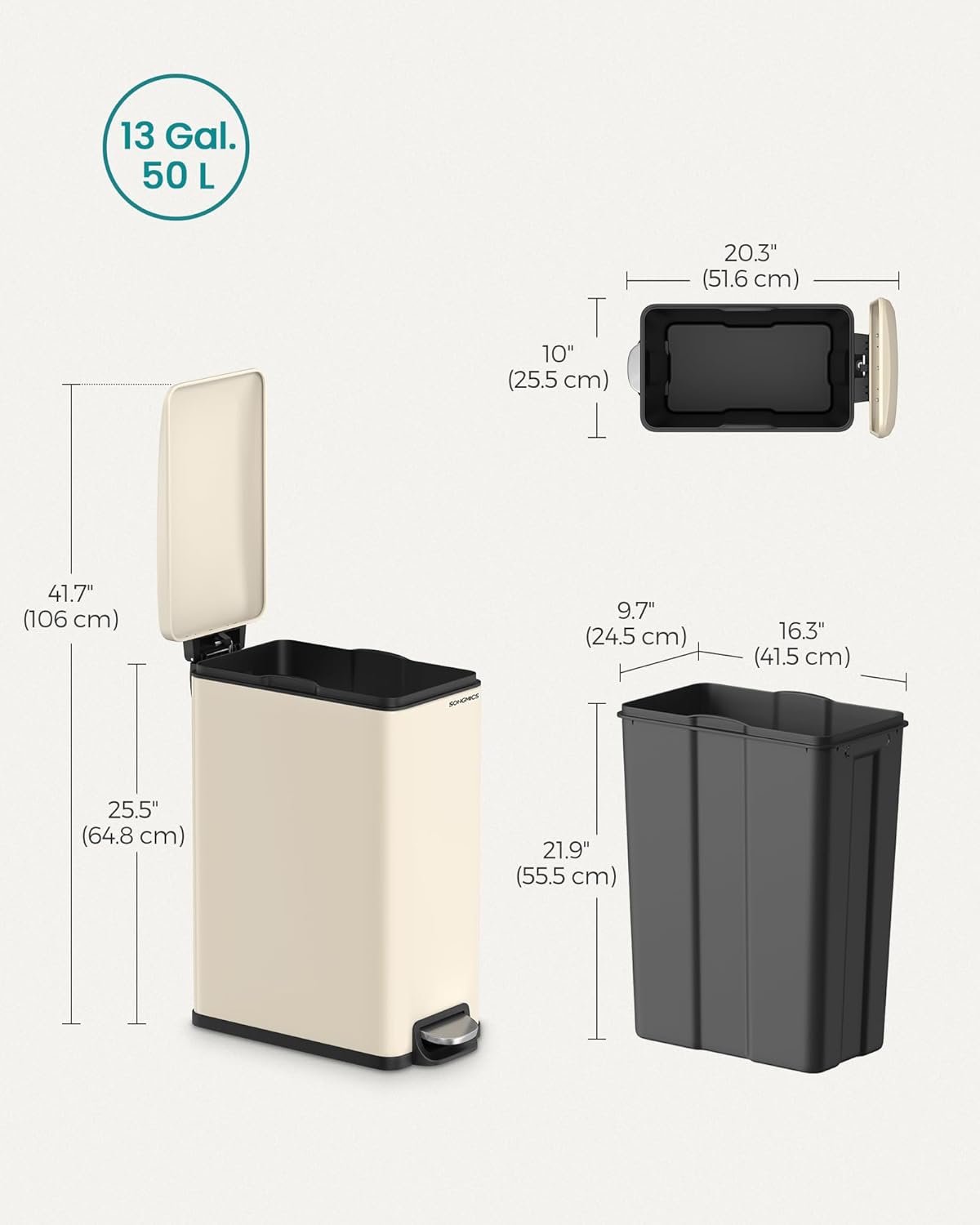 SONGMICS Slim Trash Can, 13-Gallon (50 L) Garbage Can for Narrow Spaces with Soft-Close Lid, Inner