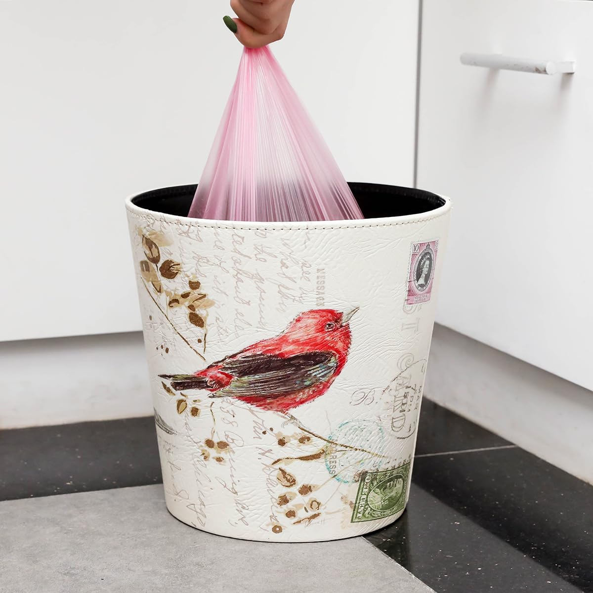 PU Leather Small Trash Can Wastebasket, Round Garbage Container Basket for Bathrooms, Laundry Room