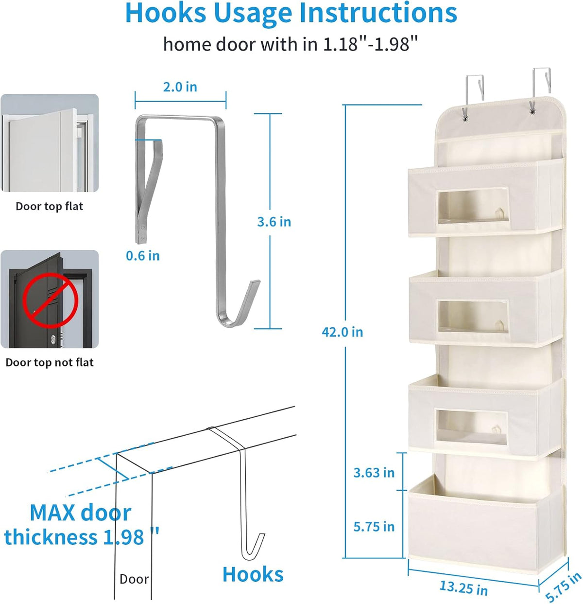MAX Houser 4-Shelf Over The Door Hanging Organizer with 2 Metal Hooks, 4 Pocket Swing-Proof Behind