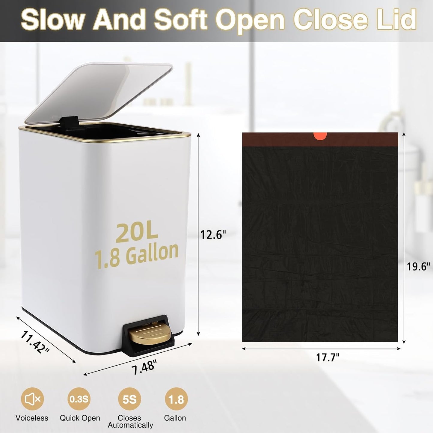 Small Bathroom Trash Can with Lid Soft Close, 1.8 Gallon Stainless Steel Garbage Can with Removable