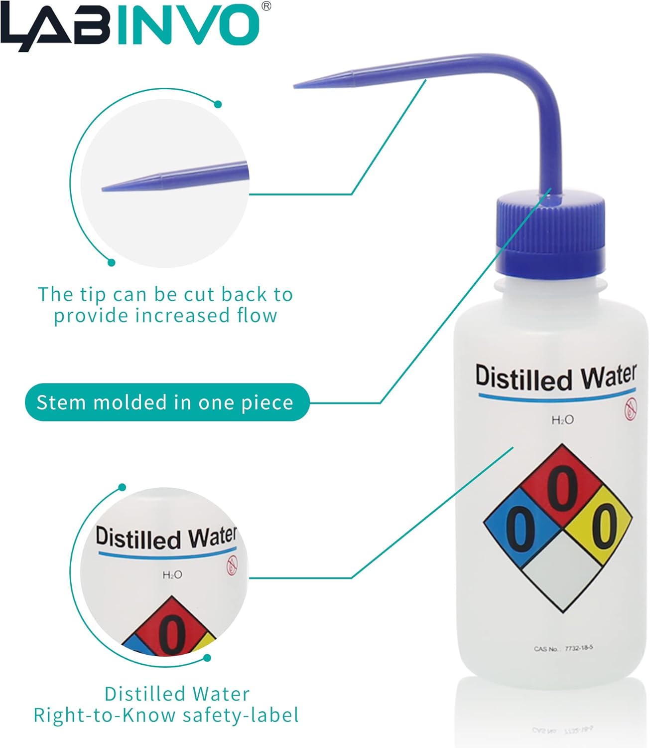 4pcs of Distilled Water Wash Bottles, Vol.500ml (17oz), Narrow Mouth, Self-Venting Safety Wash