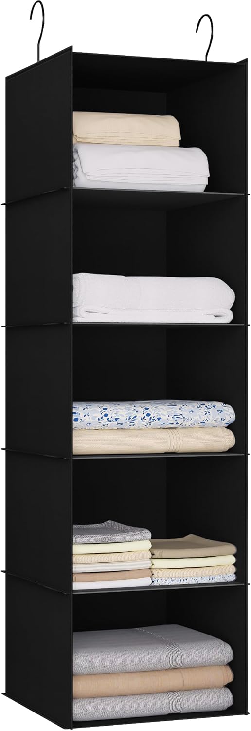 Hanging Closet Organizer and Storage 5-Shelf, Easy Mount Foldable Hanging Closet Wardrobe Shelves