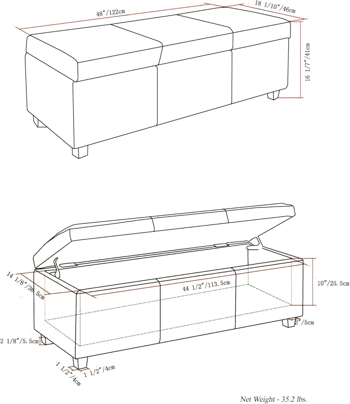 SIMPLIHOME Avalon 48 inch Wide Contemporary Rectangle Storage Ottoman Bench in Satin Cream Vegan