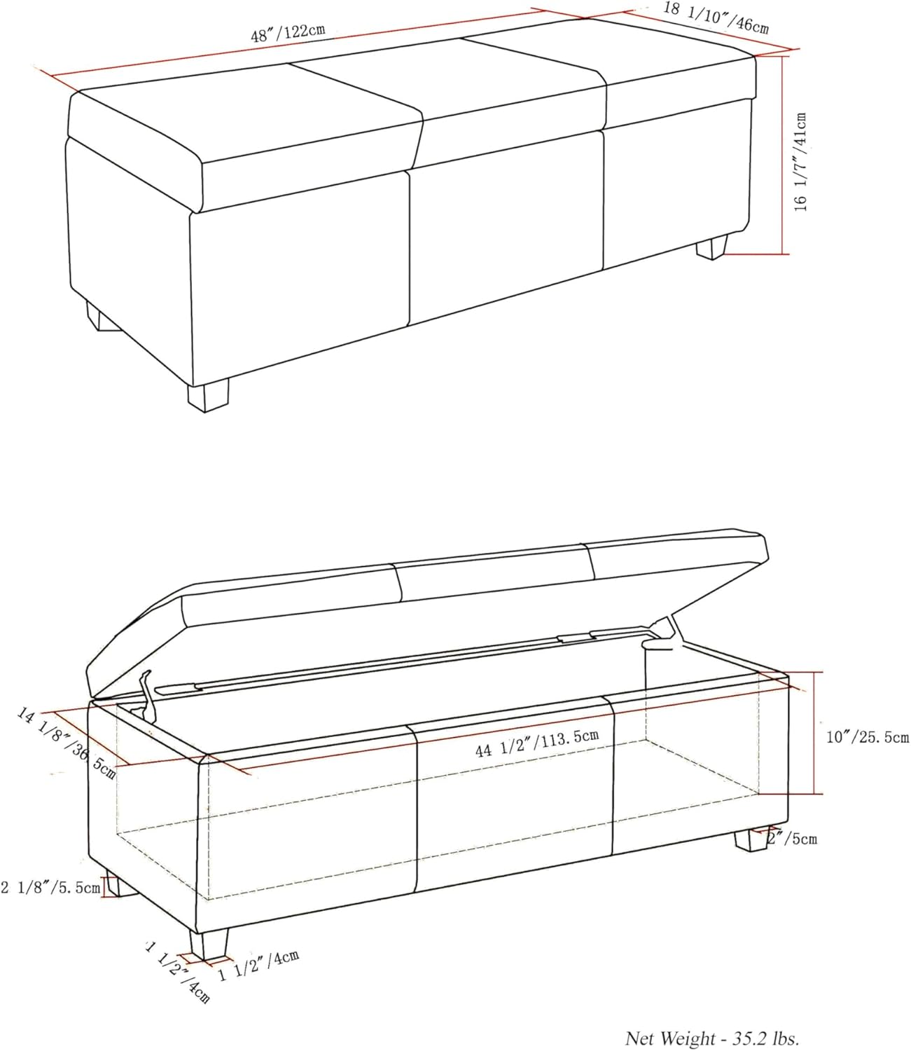 SIMPLIHOME Avalon 48 inch Wide Contemporary Rectangle Storage Ottoman Bench in Satin Cream Vegan