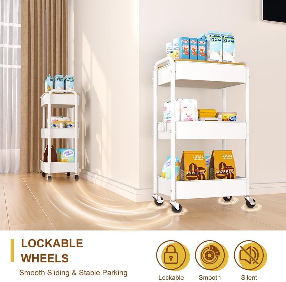 3 Tier Metal Utility Cart, Rolling Storage Cart with Wooden Tabletop, Metal Organizer Cart with
