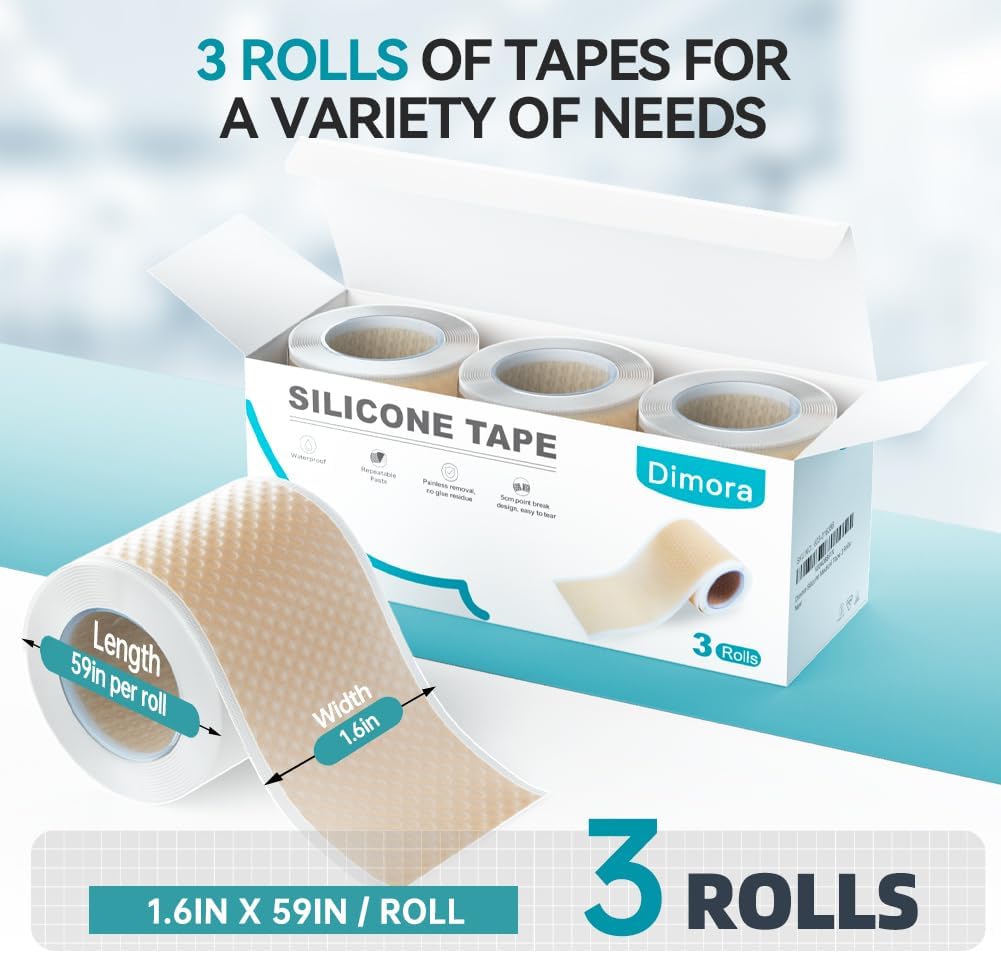 Dimora Silicone Tape 3 Rolls - Hypoallergenic Medical Tape for Sensitive Skin, Pain-Free Removal