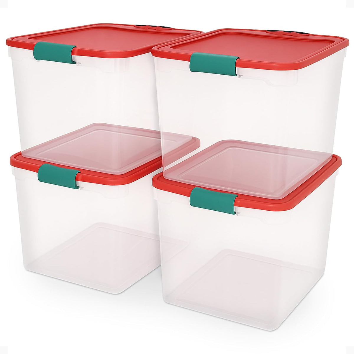 HOMZ 4-Pack Holiday Tote, Plastic Storage Organizer Bins with Lids, 31 Quart, Clear/Red - Stackable