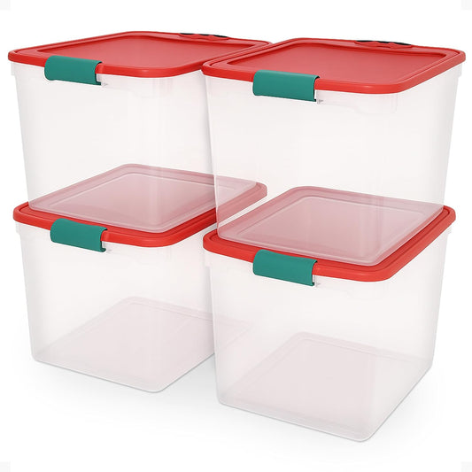 HOMZ 4-Pack Holiday Tote, Plastic Storage Organizer Bins with Lids, 31 Quart, Clear/Red - Stackable