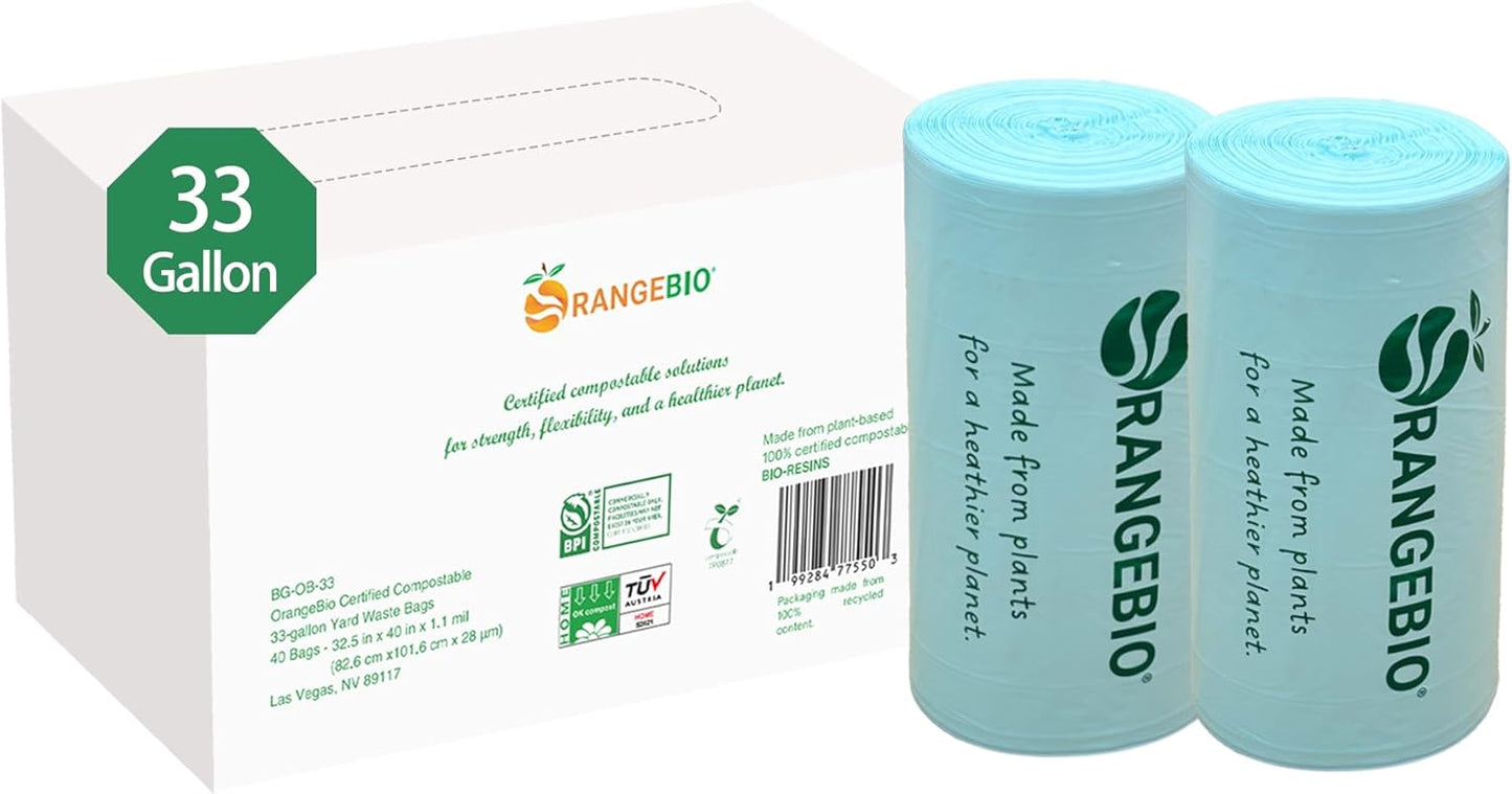 OrangeBio 33 Gallon Home Compostable Yard Waste Bags, 40 Count, 1.1 Mil, Lawn & Leaf Bags US BPI