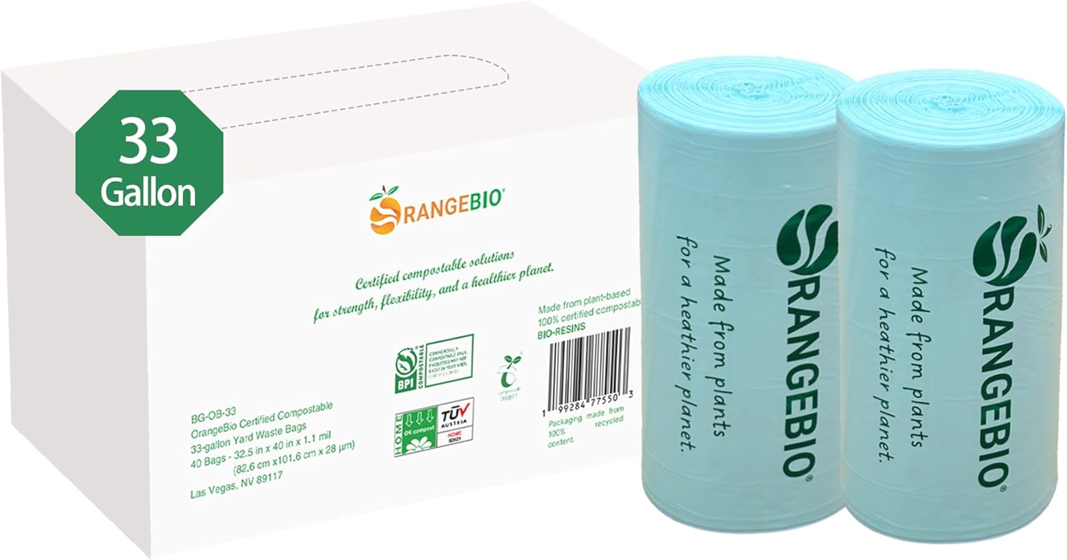 OrangeBio 33 Gallon Home Compostable Yard Waste Bags, 40 Count, 1.1 Mil, Lawn & Leaf Bags US BPI
