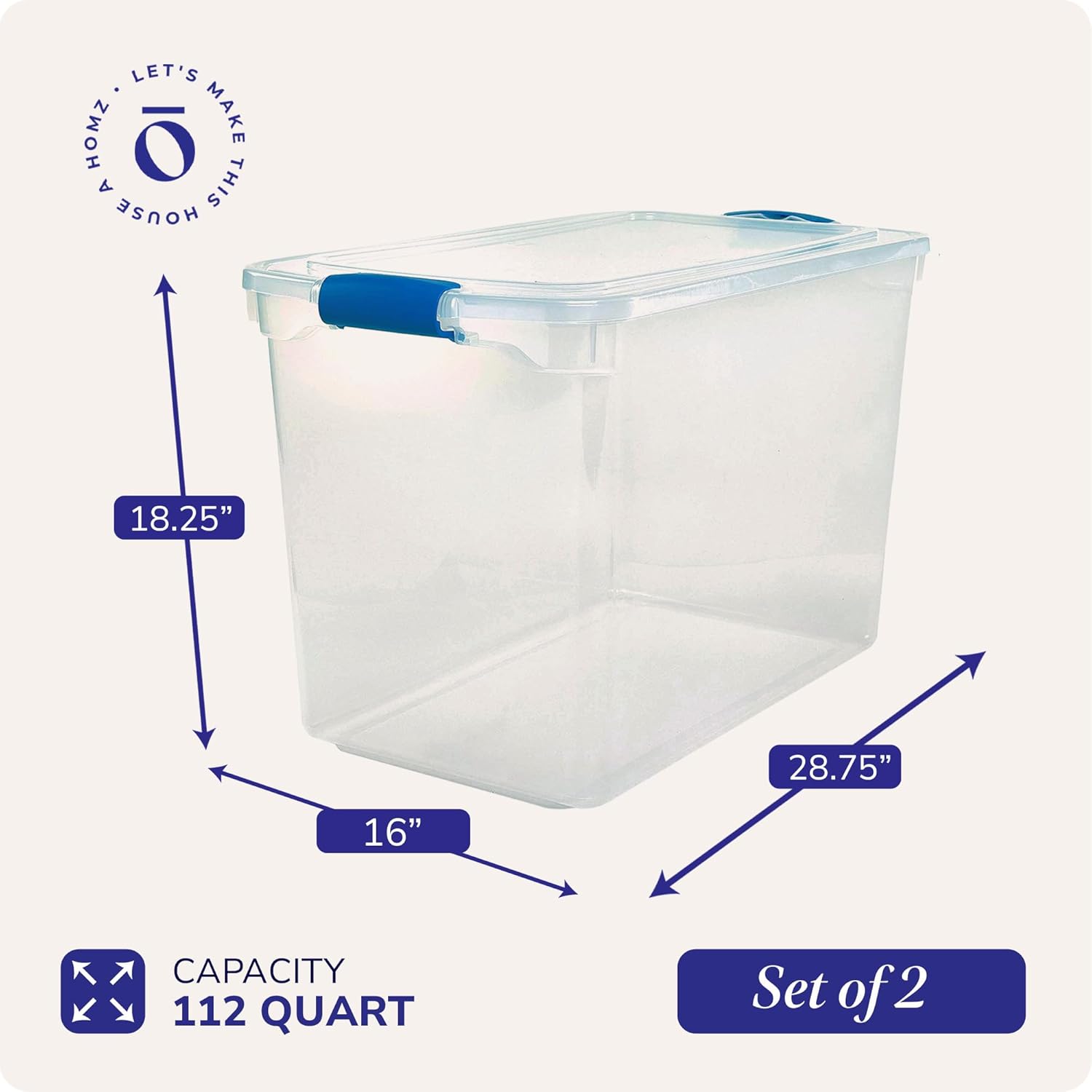 HOMZ 2-Pack Latching Lid, Clear Plastic Storage Organizer Bins, 112 Quart, Blue Latch - Stackable