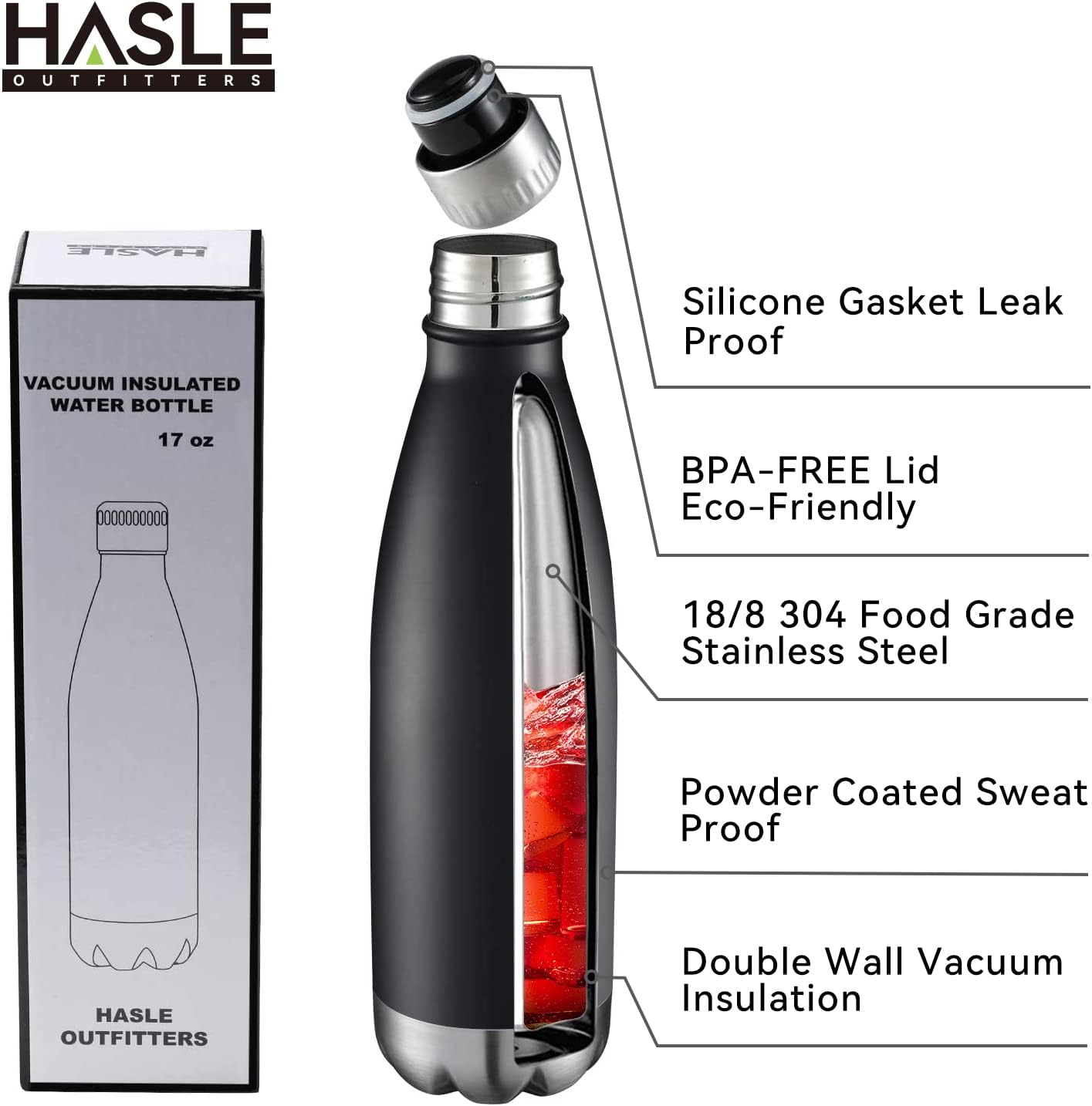 HASLE OUTFITTERS 17oz Stainless Steel Water Bottles Bulk, Vacuum Insulated Double Walled Reusable