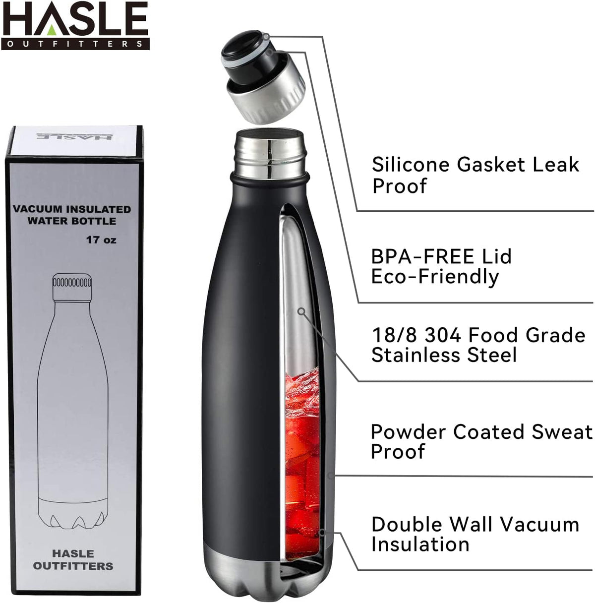 HASLE OUTFITTERS 17oz Stainless Steel Water Bottles Bulk, Vacuum Insulated Double Walled Reusable