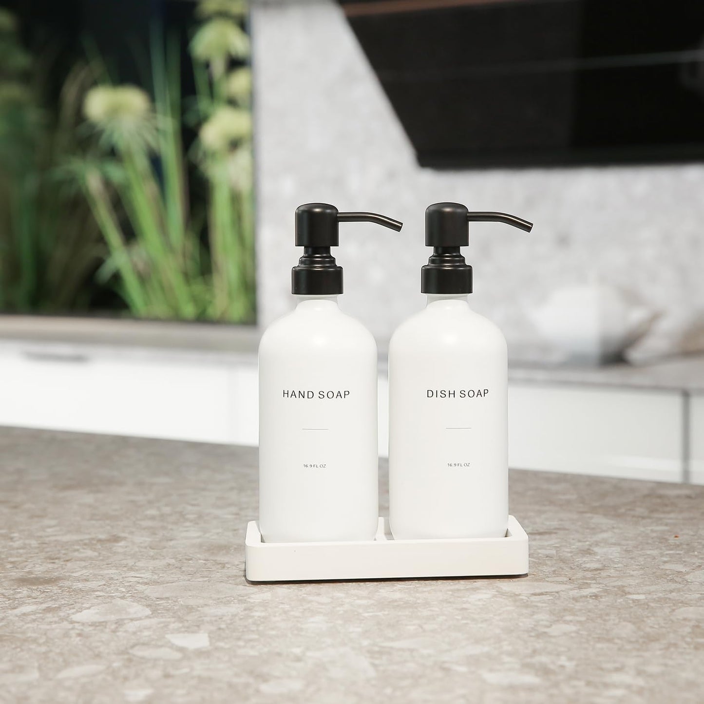 Kitchen Soap Dispenser Set, White Soap Dispenser with Black Stainless Steel Pump, Perfect for