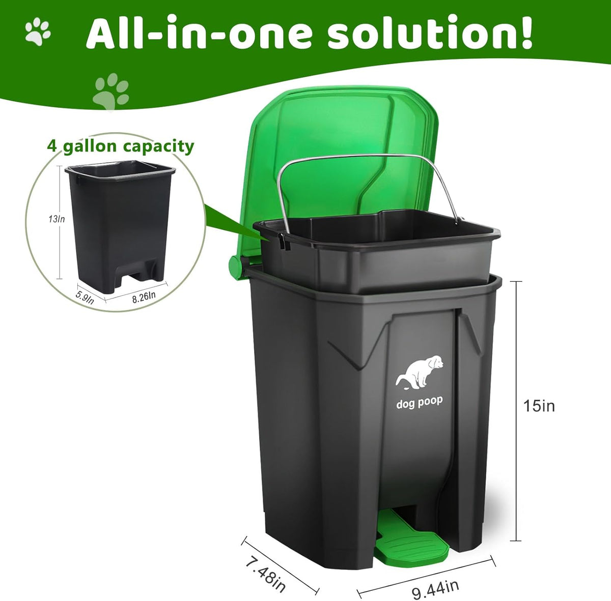 Dog Poop Trash Can Outside, 20L/5Gallon Dog Waste Trash Can with Lid, Pedal and Removable Inner