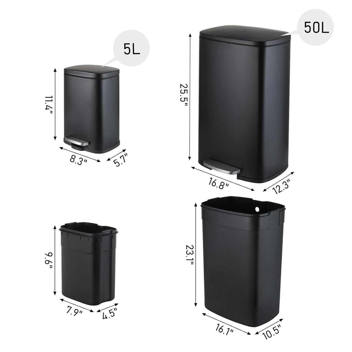 Arlopu 13.2+1.3 Gallon Step Trash Can, Stainless Steel Garbage Bin, Soft-Close Rubbish Bin with